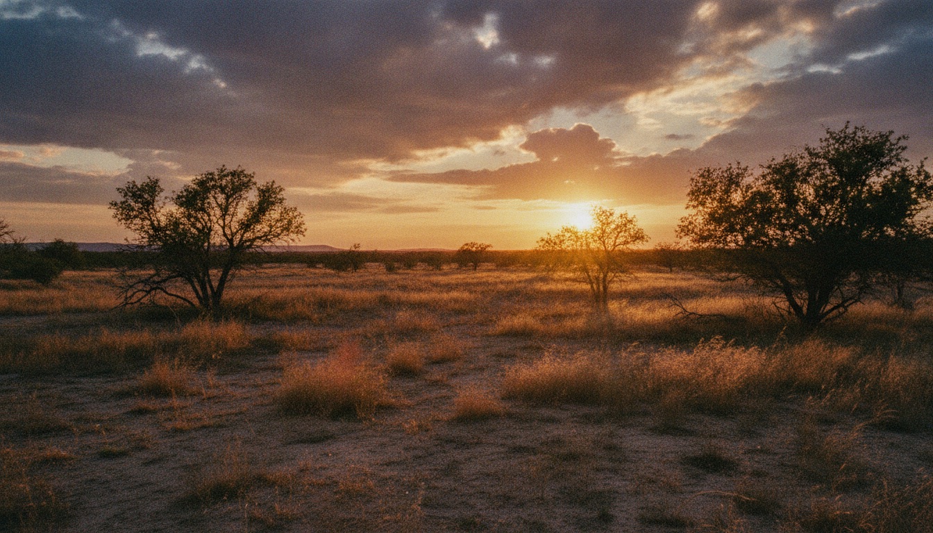 A wide Texas plains landscape at golden hour with scattered mesquite and a dramatic sky