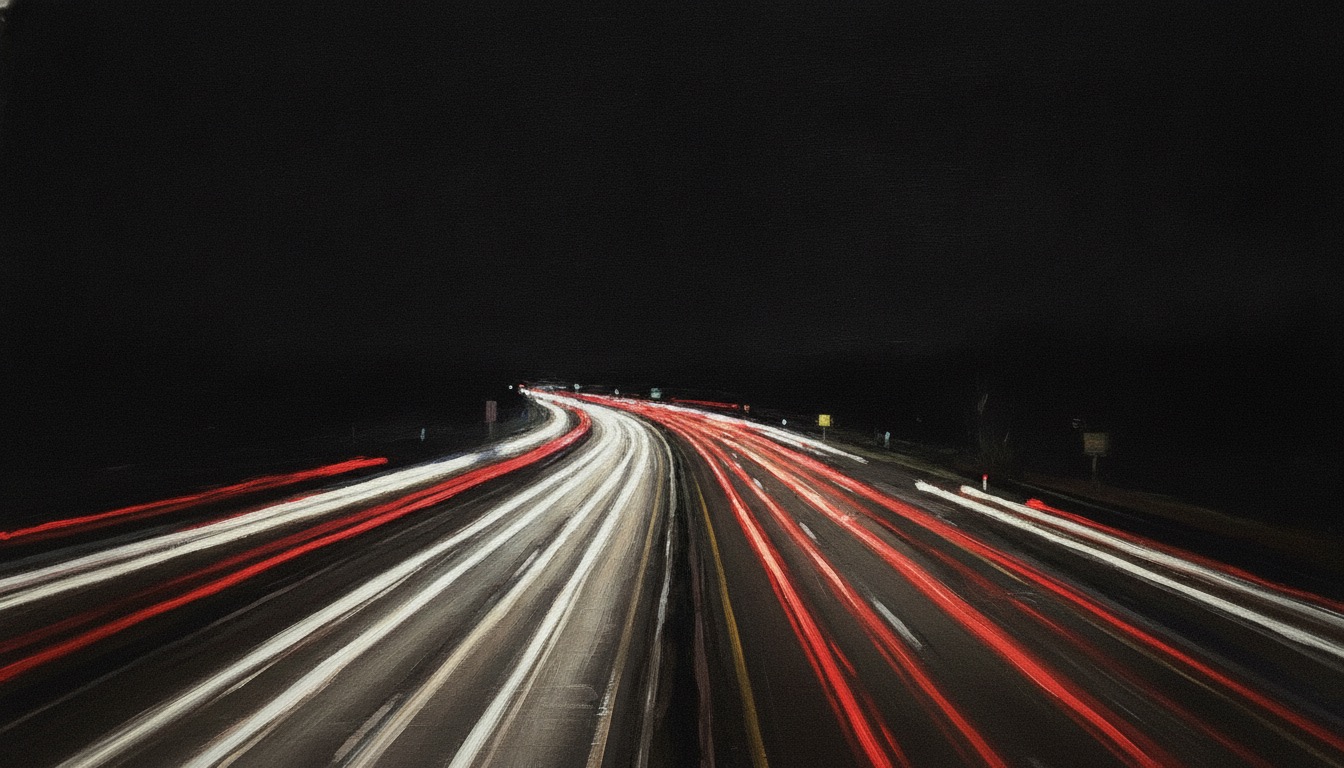 An endless dark night highway seen head-on with motion-blurred red and white lights, hypnotic motion