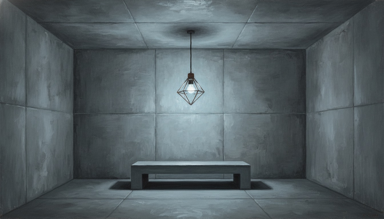 A stark modernist concrete room interior with a single hanging lamp, cold and minimal