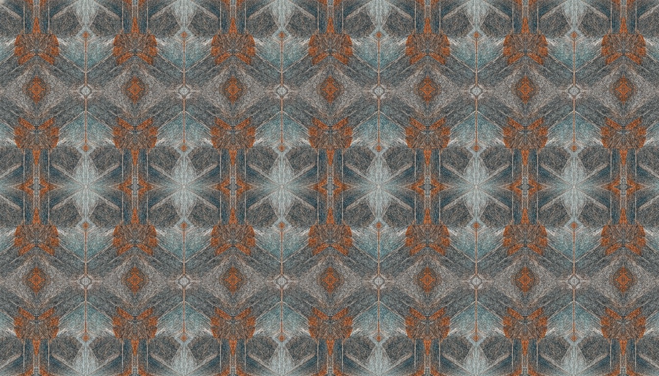 An abstract repeating geometric pattern in muted industrial grey, rust, and teal tones, hypnotic