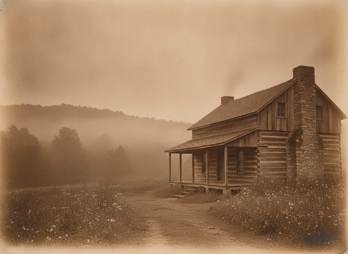 A weathered wooden farmhouse and porch nestled in the misty Virginia Appalachian hills at dawn