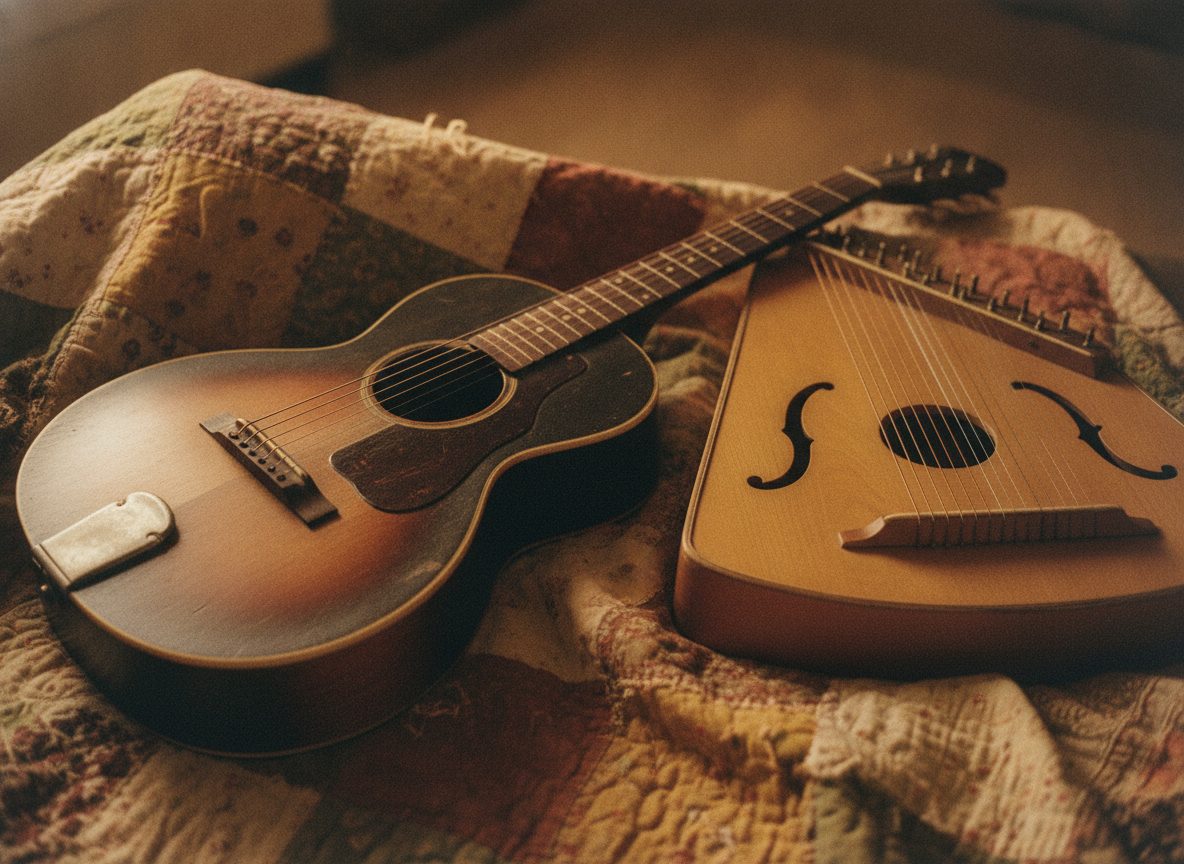 A vintage parlor guitar and autoharp resting on a worn quilt in warm lamplight