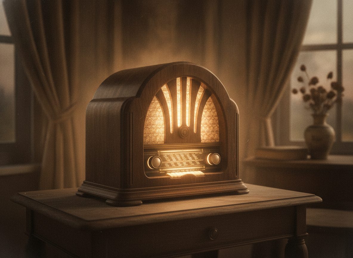 A vintage wooden cathedral radio glowing warmly on a table in a dim parlor