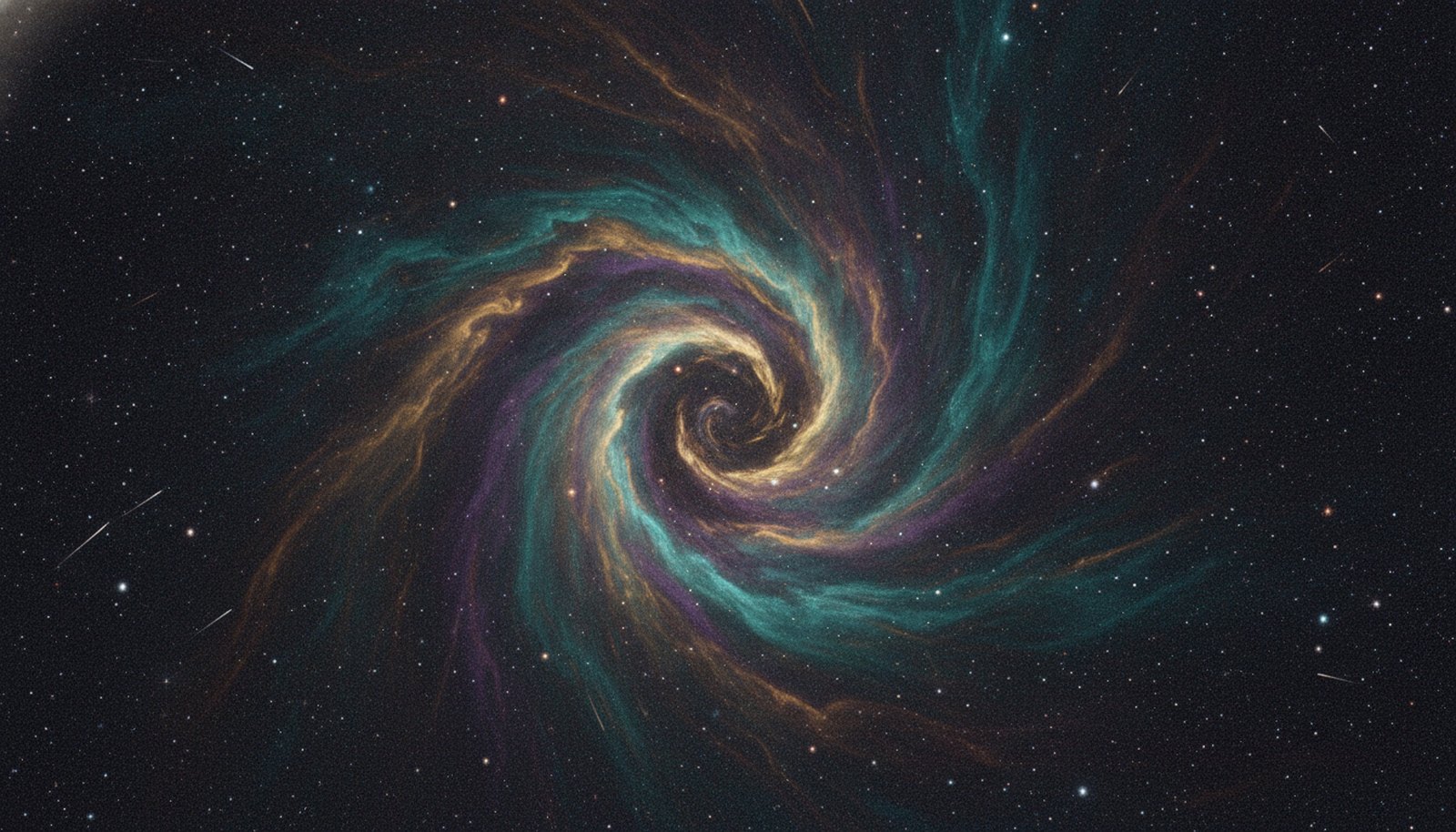 A colorful nebula and starfield in deep space, swirling teal, violet, and gold