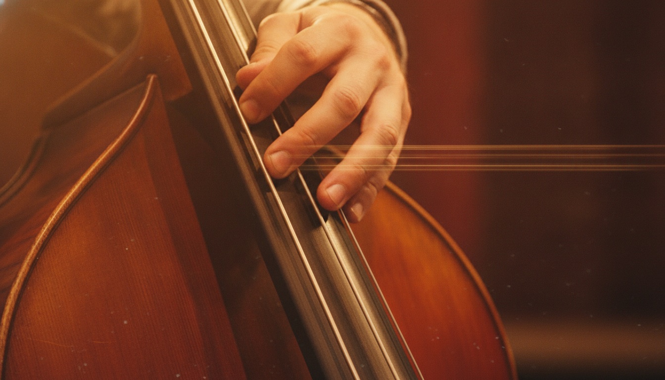 A hand pressing strings on the neck of a double bass, warm light, motion blur suggesting intensity
