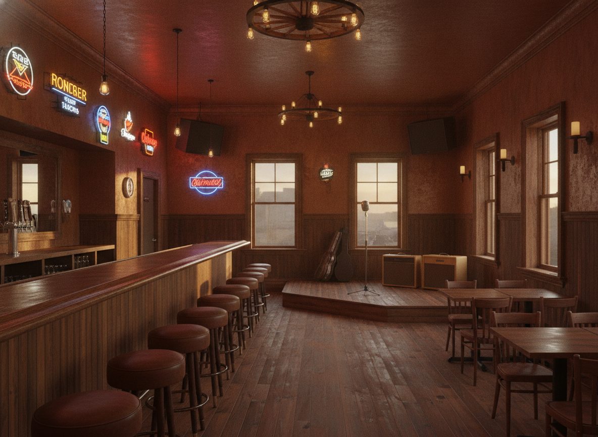 The warm interior of an empty honky-tonk with neon glow, a small stage, and vintage amplifiers at dusk