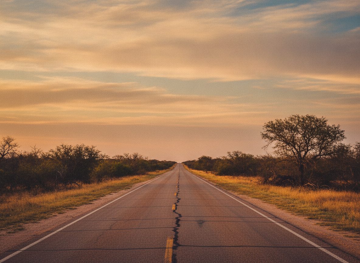 A dusty Texas borderland highway at golden hour with mesquite scrub and a wide open sky