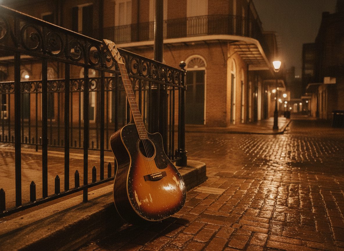 A worn acoustic guitar leaning on a wrought-iron railing on a lamplit French Quarter street corner at night