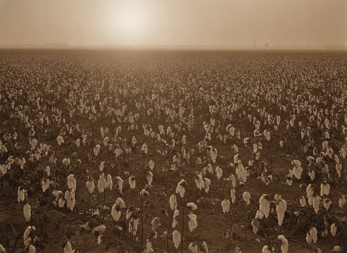 Rows of weathered cotton plants stretching to the horizon under a wide dusty Mississippi Delta sky at low sun