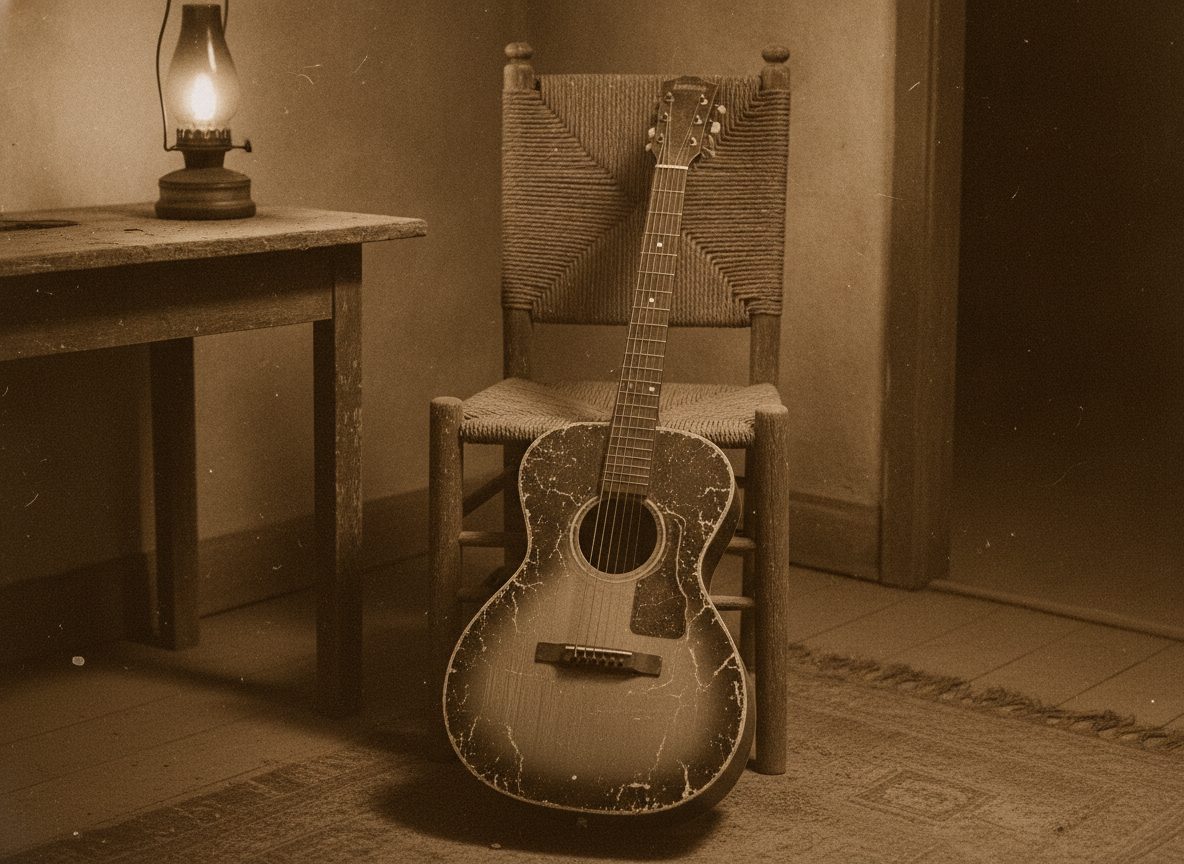 A weathered wooden parlor guitar resting on a straw-backed chair in a dim rural room lit by warm lamplight