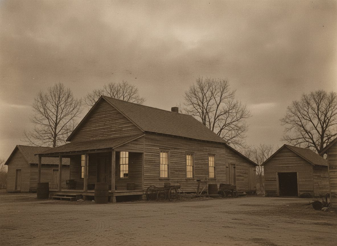 A weathered wooden plantation commissary and outbuildings at dusk with warm lamplight in the windows