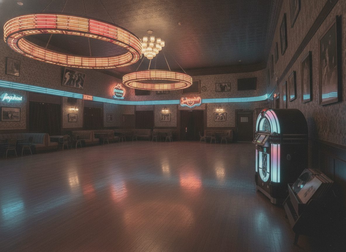 A neon-lit dancehall interior at night, empty floor glowing under warm red and gold marquee lights