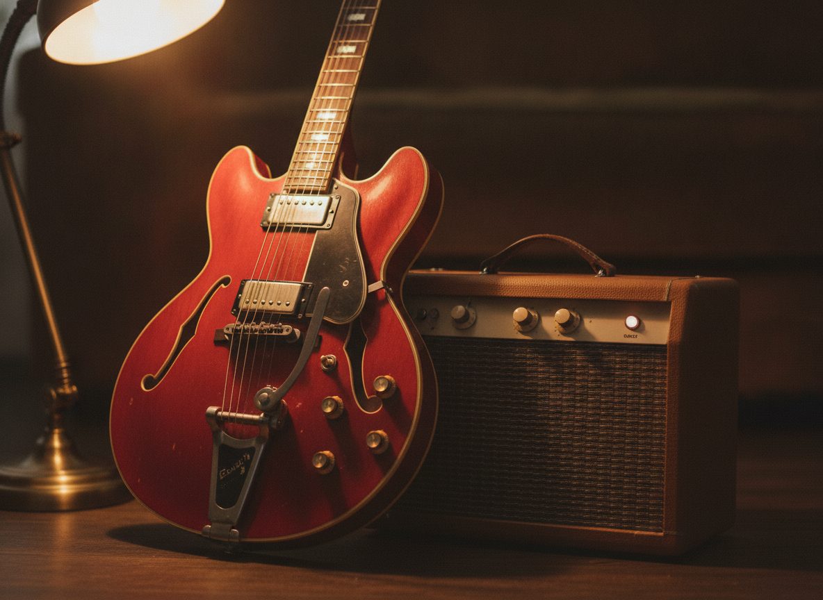 A vintage semi-hollow electric guitar resting against a small tube amplifier in warm lamplight