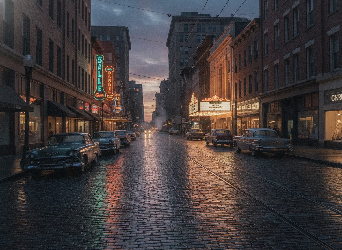 A 1950s St. Louis street at dusk with neon signs glowing over wet pavement and vintage cars