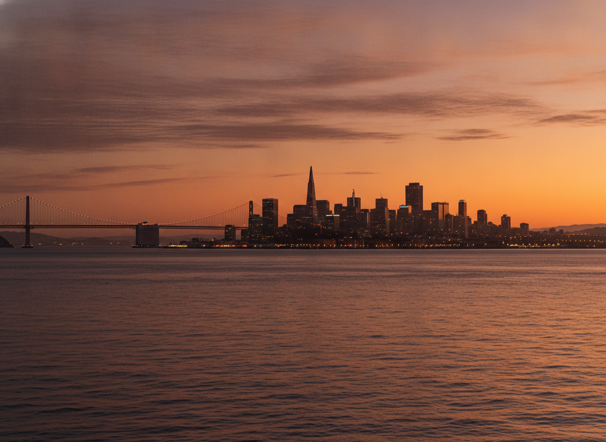 A warm San Francisco skyline at dusk seen across the bay with soft golden light on the water