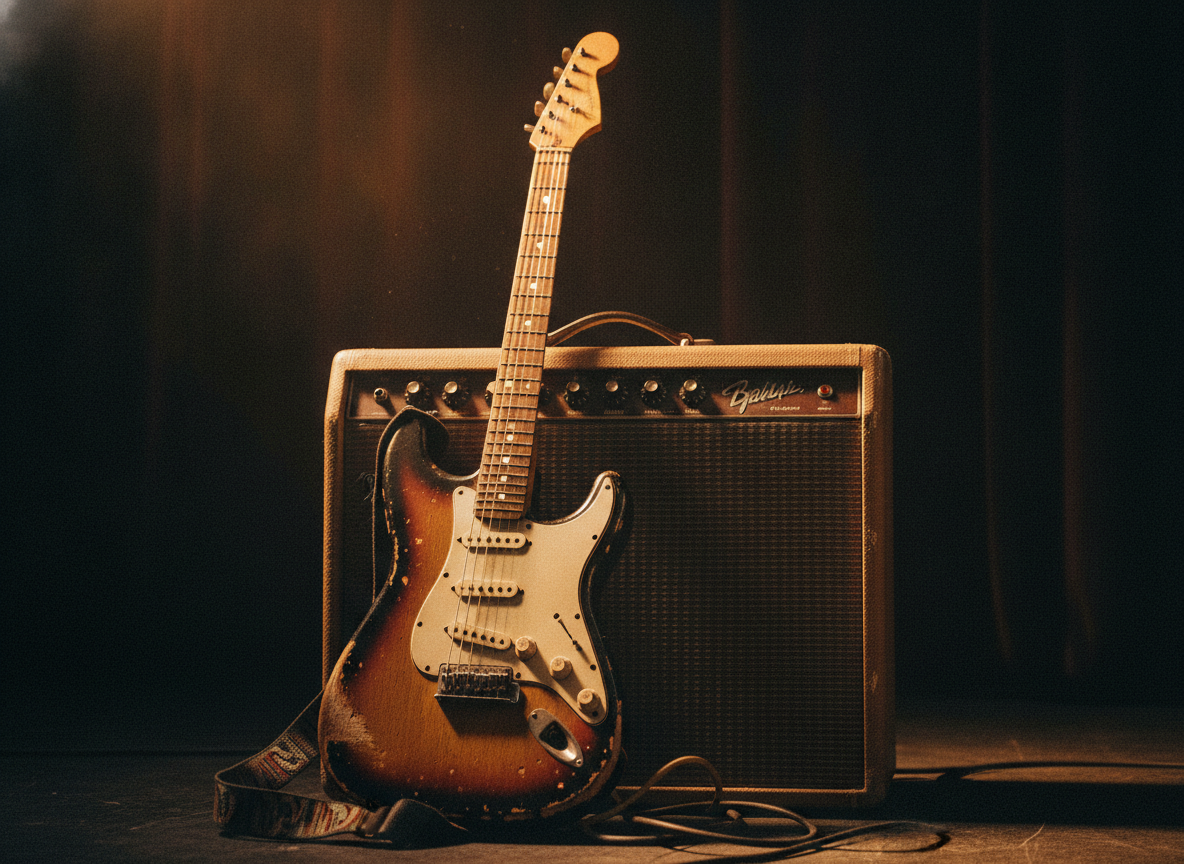 A worn electric guitar leaning against a vintage amplifier in warm stage light against a dark backdrop