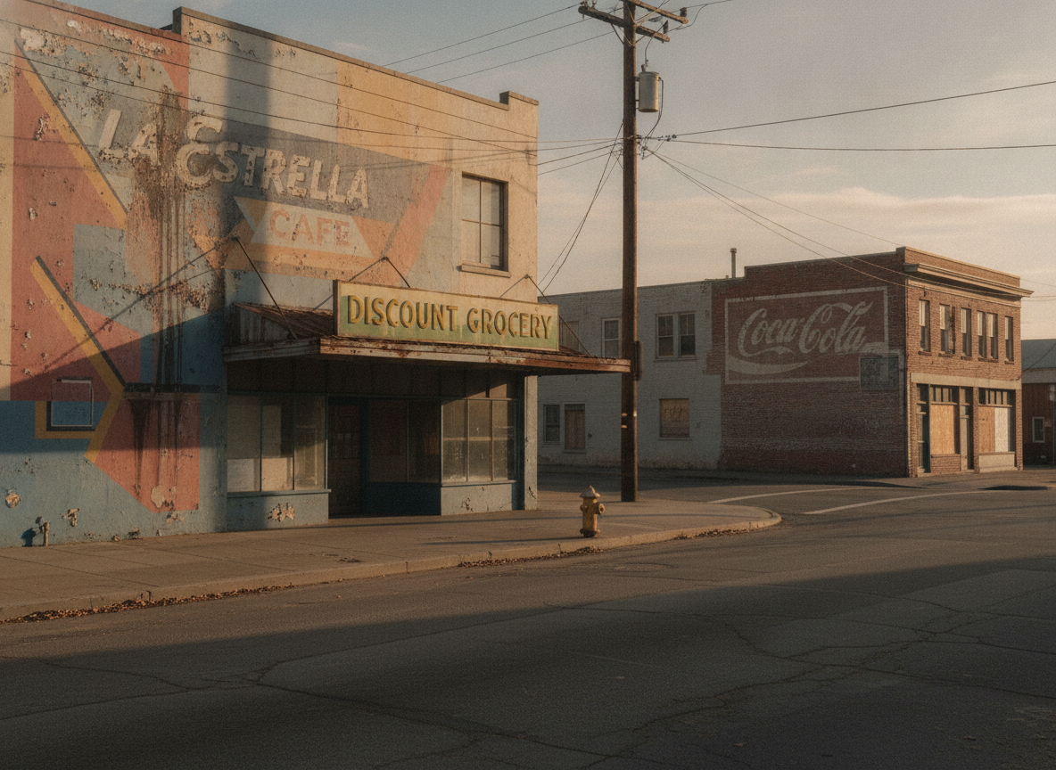 A weathered San Francisco Mission District street corner in warm afternoon light with faded signage
