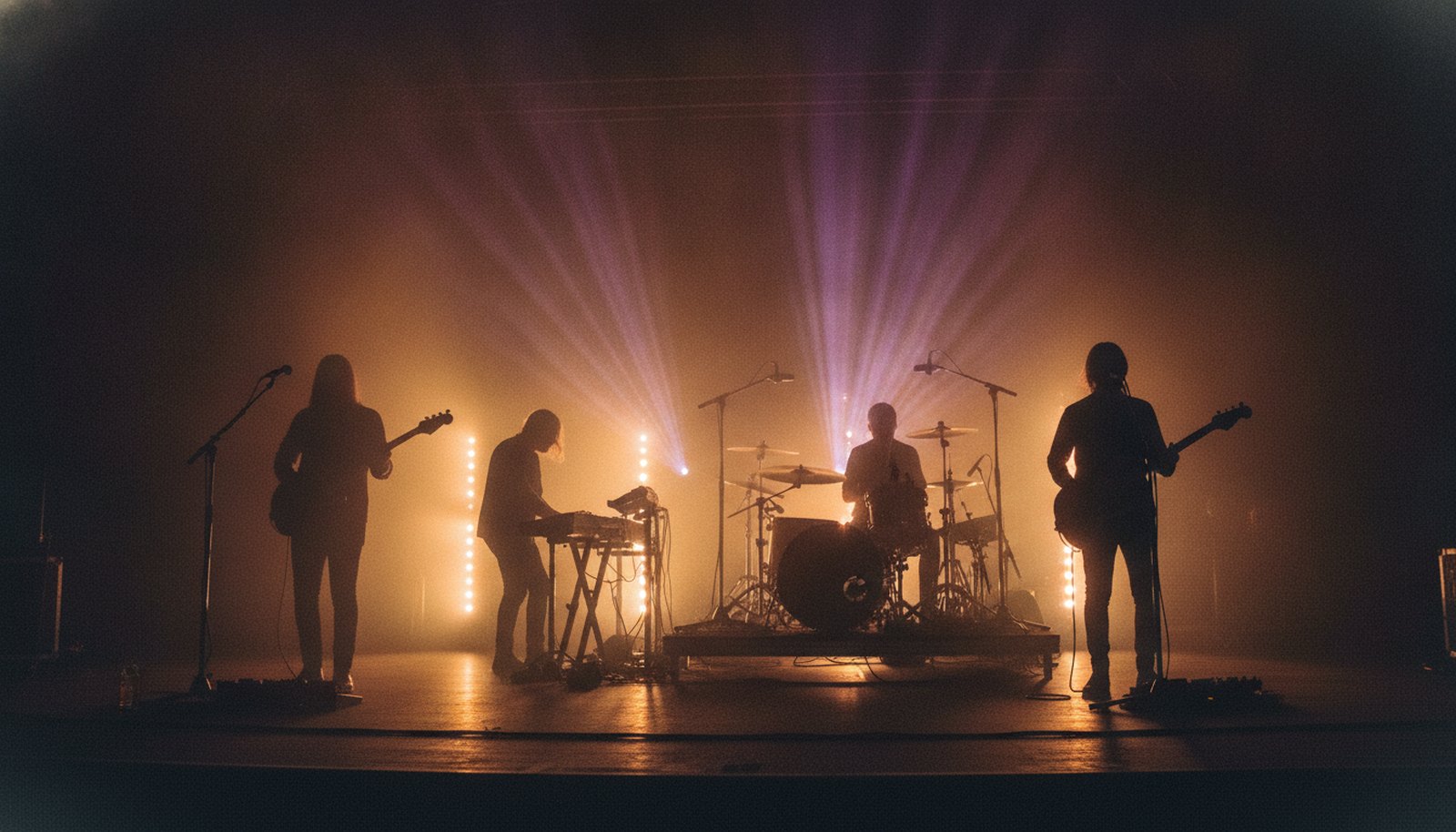 A four-piece instrumental band in silhouette on a dim stage lit amber and cosmic violet