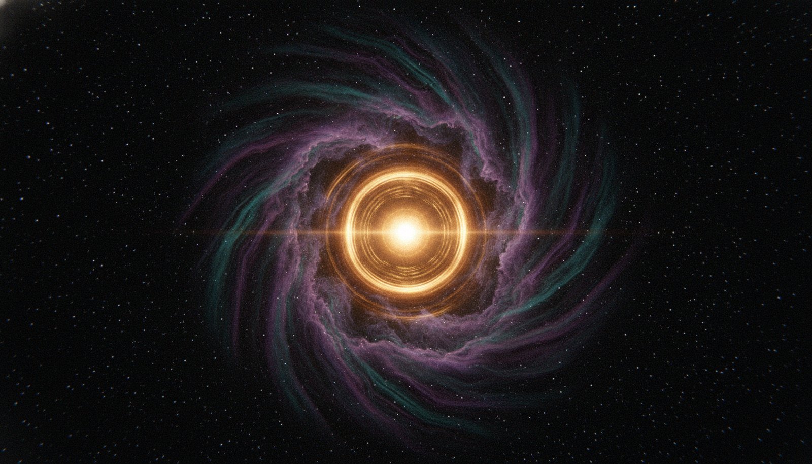 A glowing golden sun ringed with light, surrounded by swirling violet and teal nebula in deep space