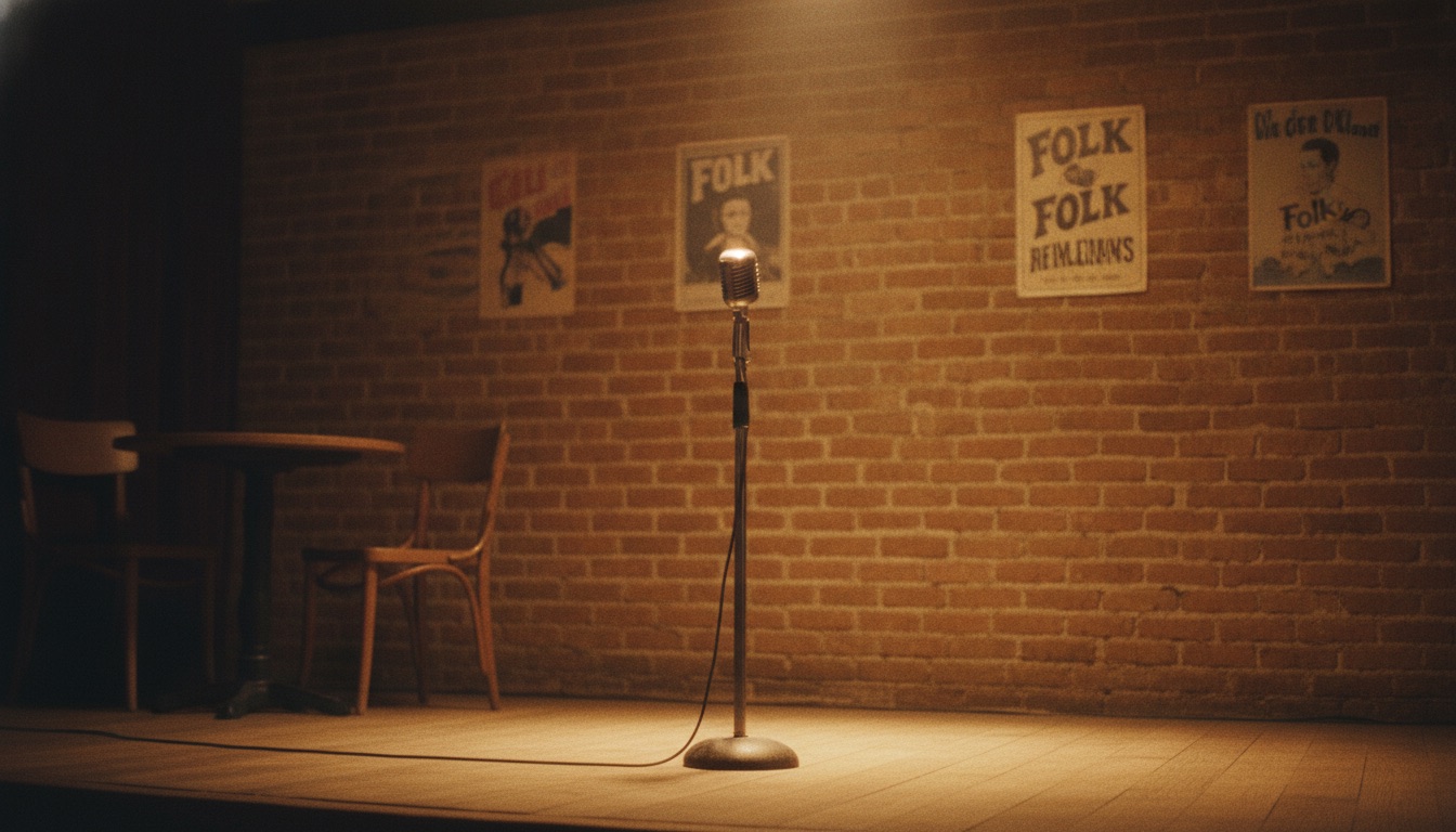 A small intimate 1960s coffeehouse folk club stage with a single microphone and warm spotlight