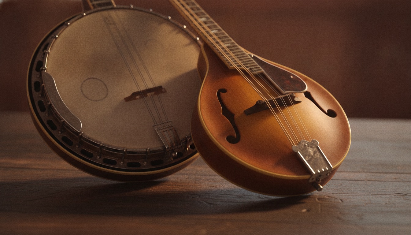 A five-string banjo and mandolin resting together on dark wood in warm light