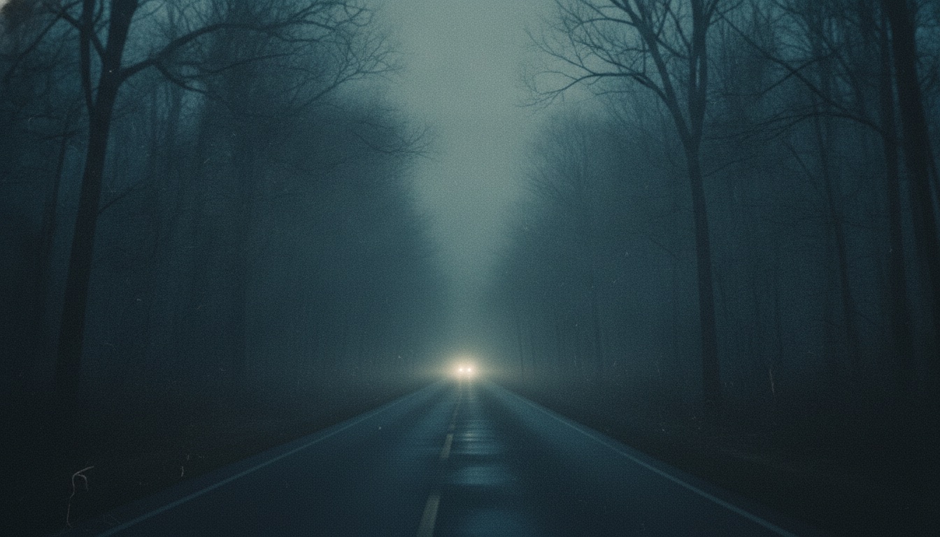 A moody empty country road at night with fog and a single pair of distant headlights