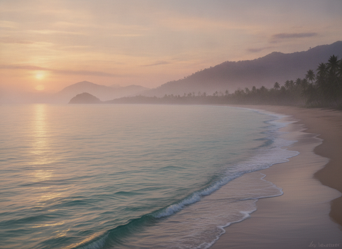 A hazy tropical coastline at dusk with soft teal water fading into a warm sunset sky