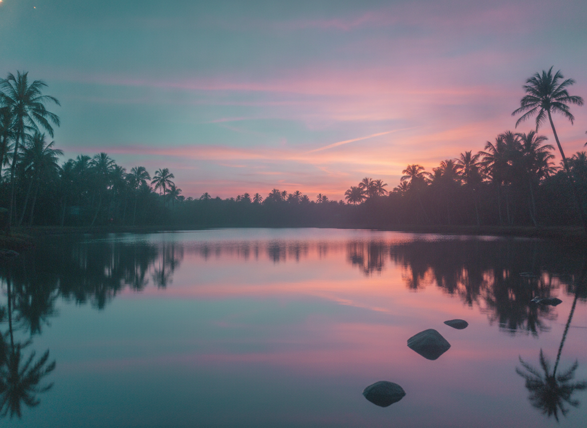 A dreamy palm-lined lagoon under a teal and orange gradient sky with soft reflections on the water