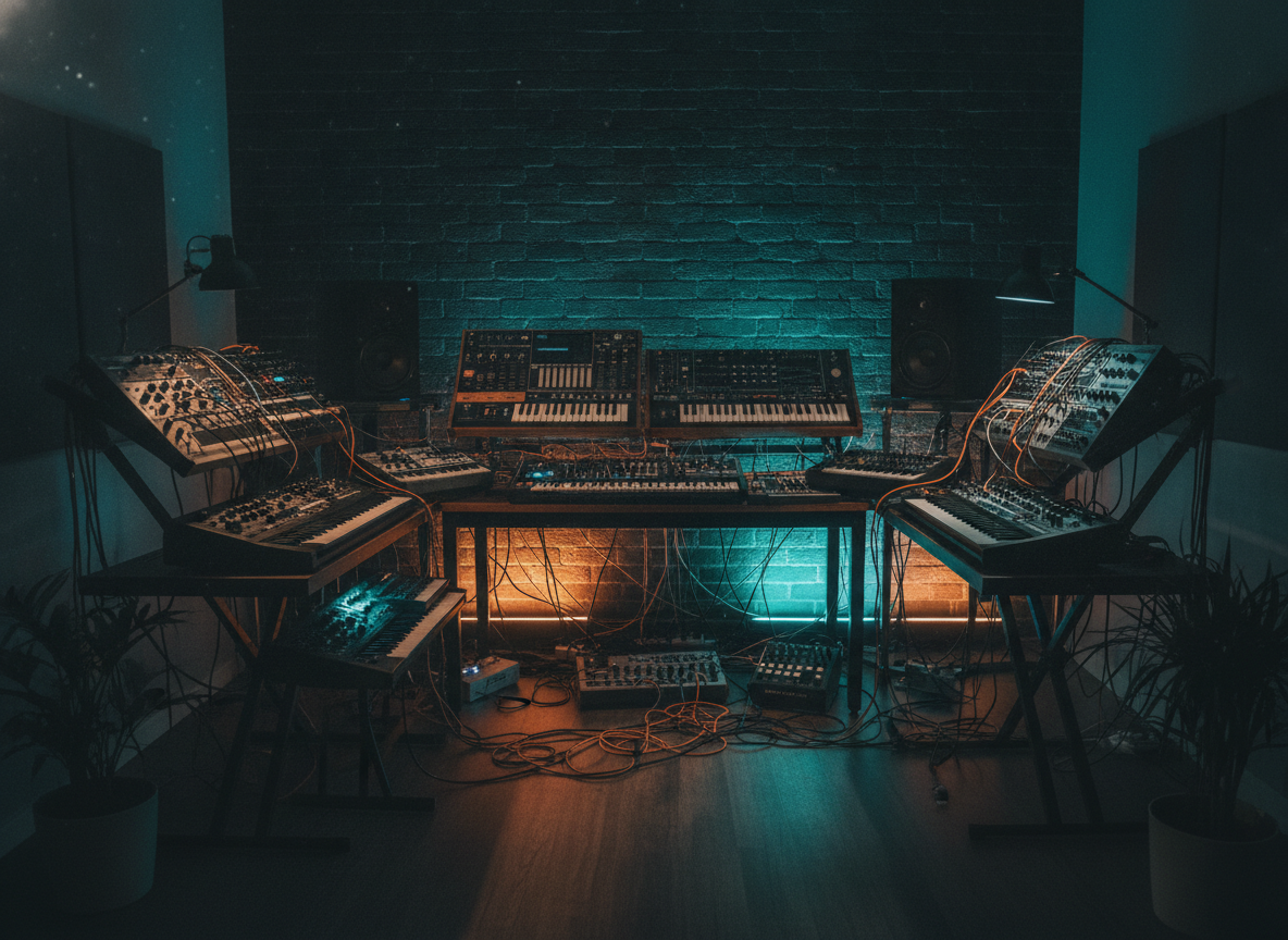 A dim home studio glowing with teal and amber light, synthesizers and cables lit against a dark wall