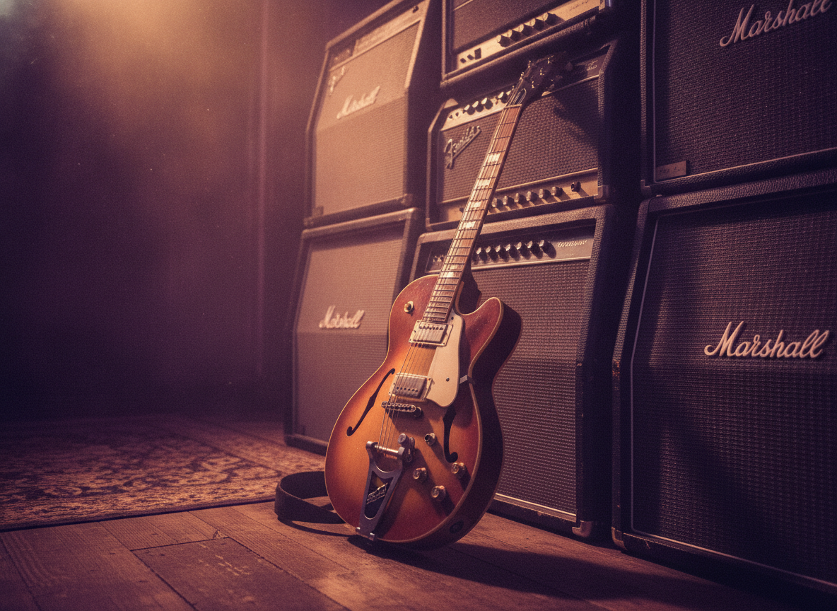 A vintage electric guitar leaning against a stack of amplifiers under warm stage light in a hazy dark room