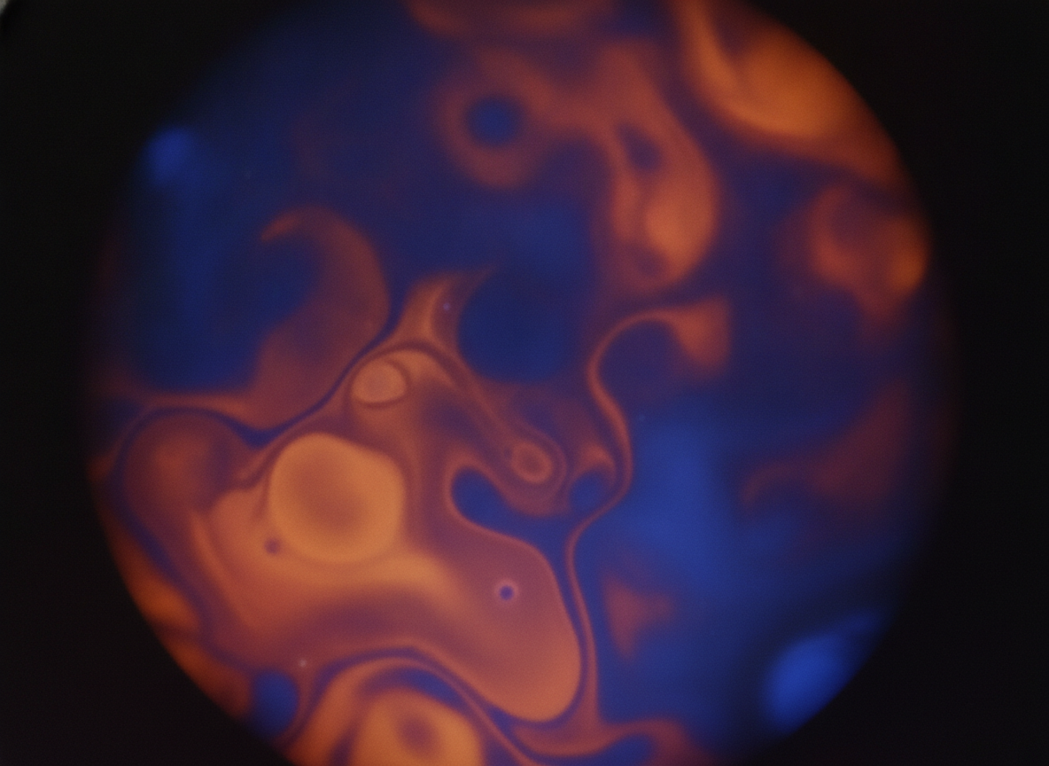 Swirling liquid-light projection of blue-violet and warm orange psychedelic patterns against a dark backdrop