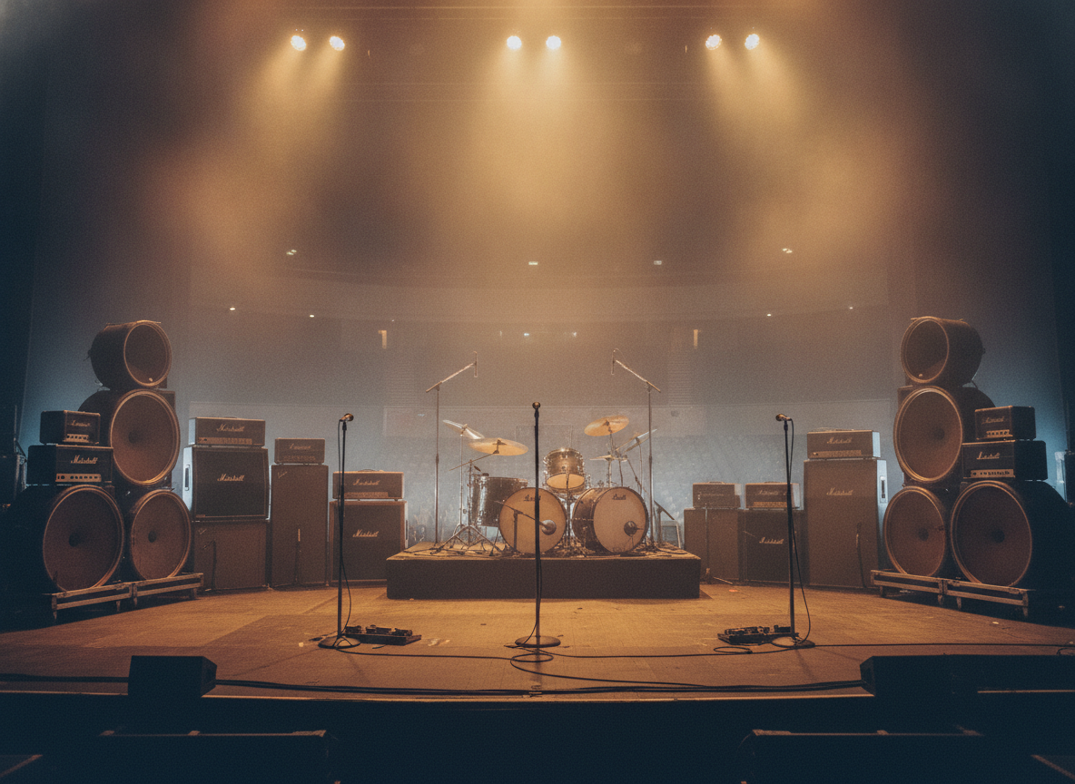 A dim concert stage with a stack of vintage amplifiers and warm spotlights cutting through haze