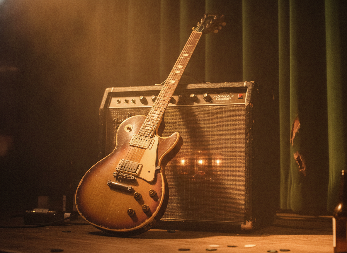 A vintage guitar amplifier and worn electric guitar in warm stage light against a dark backdrop