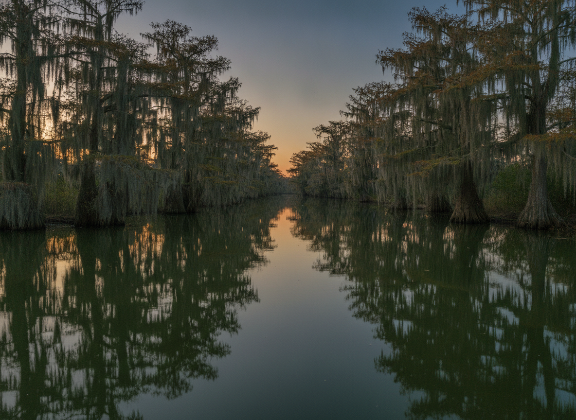 A still Louisiana bayou at dusk with cypress trees and hanging moss reflected in dark water