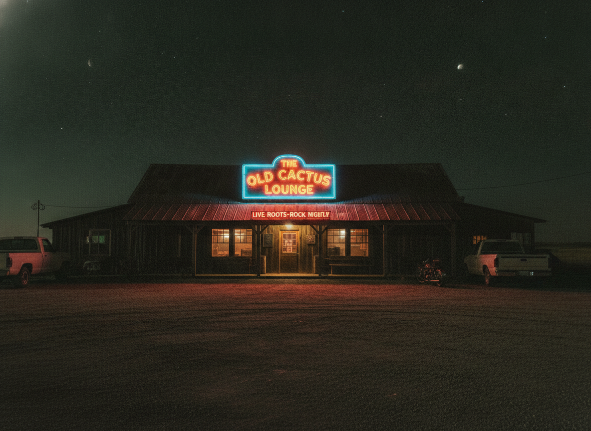A weathered roadside roadhouse at night with a lit sign and gravel lot under a dark sky