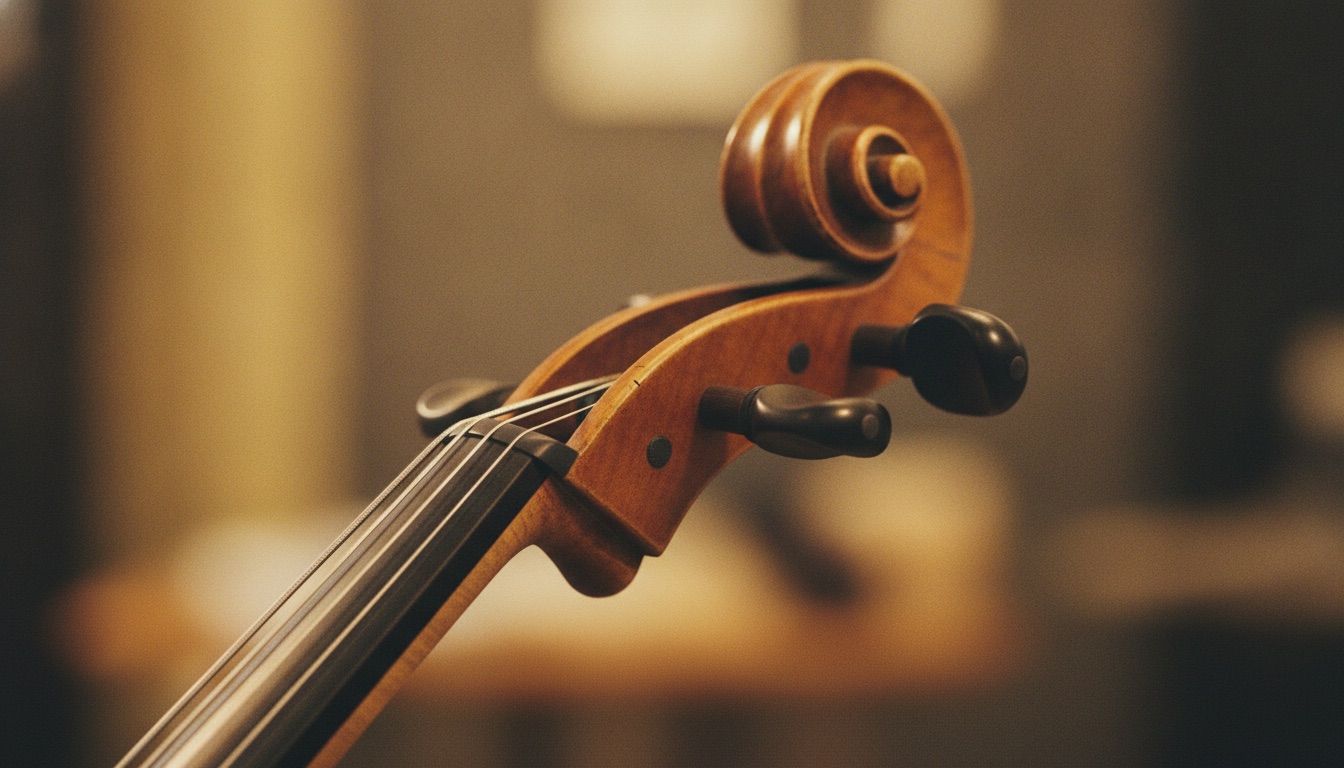Close-up of the scroll and strings of a cello in warm light