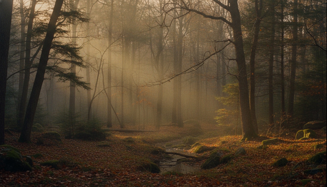 A misty New England forest in autumn at golden hour with warm light through bare trees