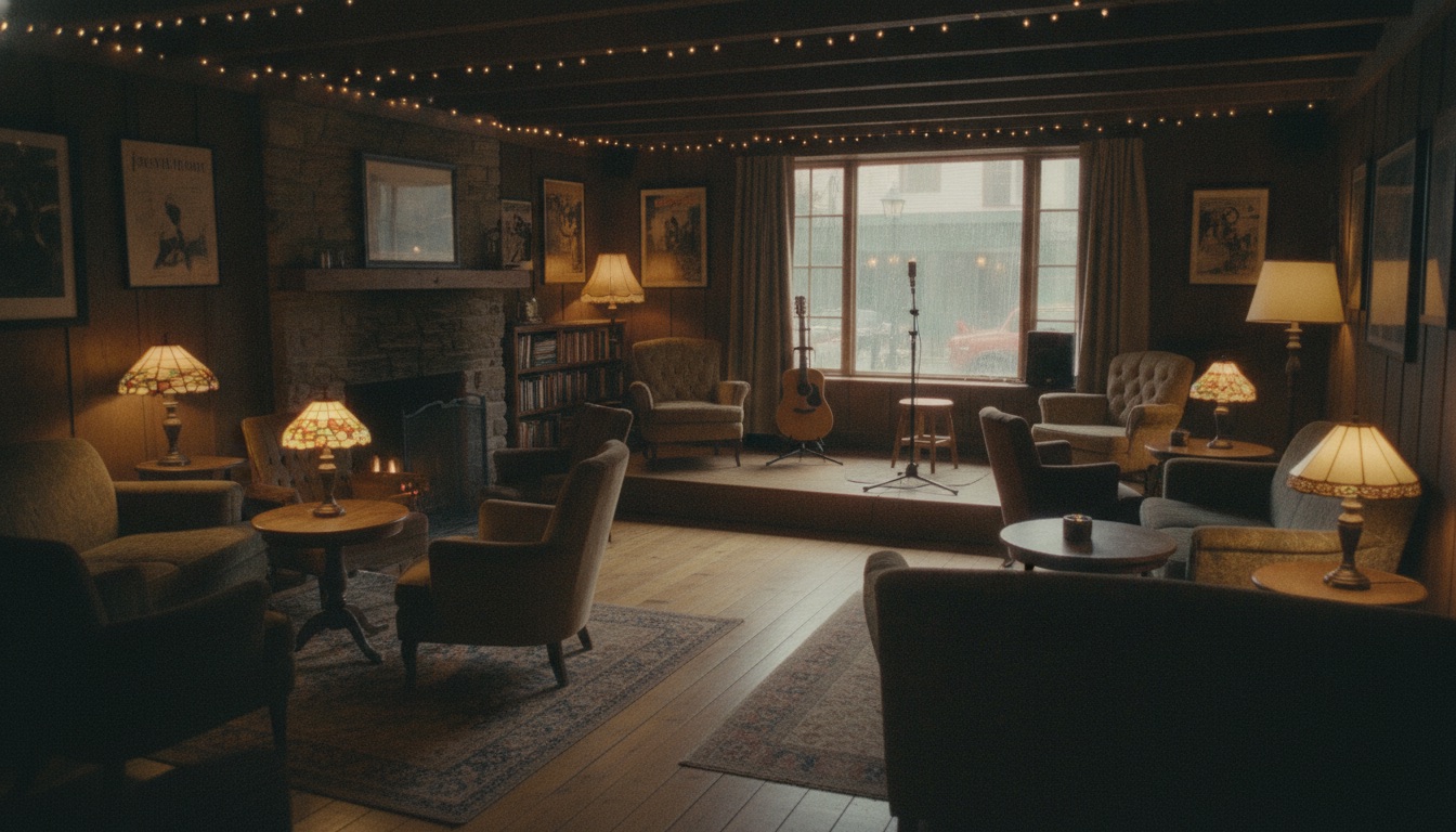 A cozy dim New England listening room with a small stage and warm lamplight
