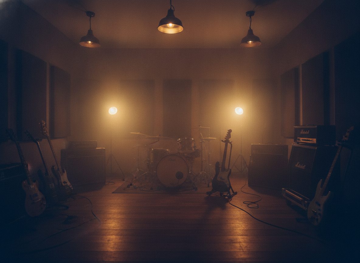 A dim rehearsal room glowing with amber lamplight and drifting haze, instruments in soft silhouette
