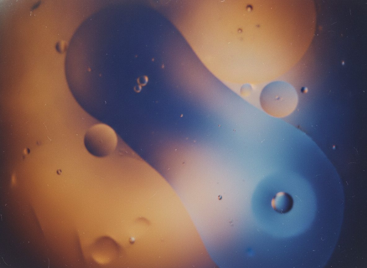 Swirling liquid-light projections in deep indigo and warm amber, soft and out of focus