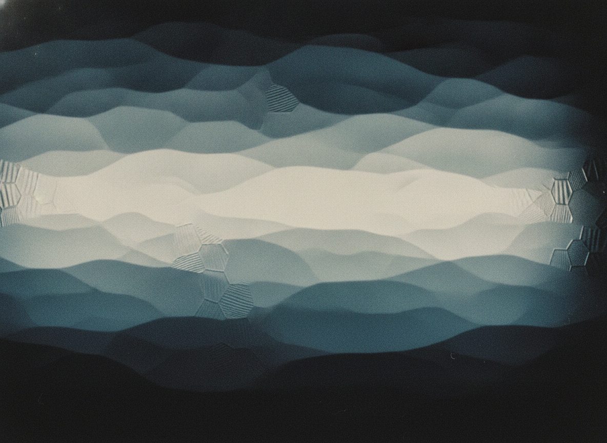 Soft prismatic light refracting through glass into muted indigo and teal bands against darkness