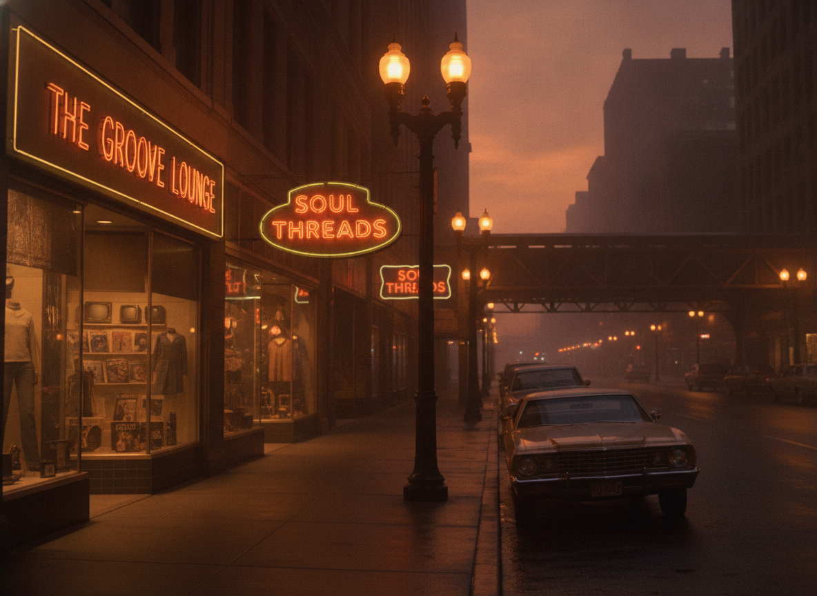 A warm gold-toned view of a 1970s Chicago city street at dusk with vintage streetlights and haze