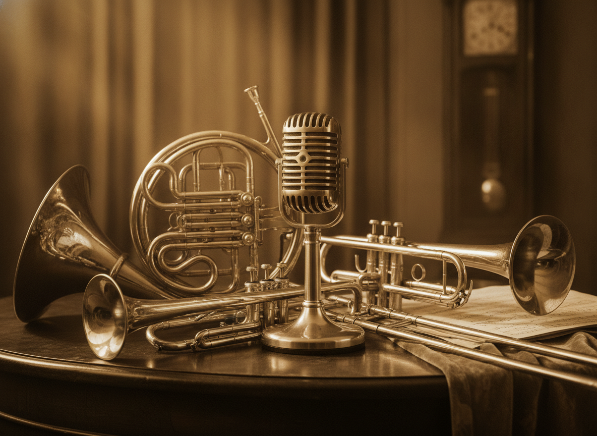 A warm gold-toned still life of a vintage microphone and horn section instruments under soft studio light