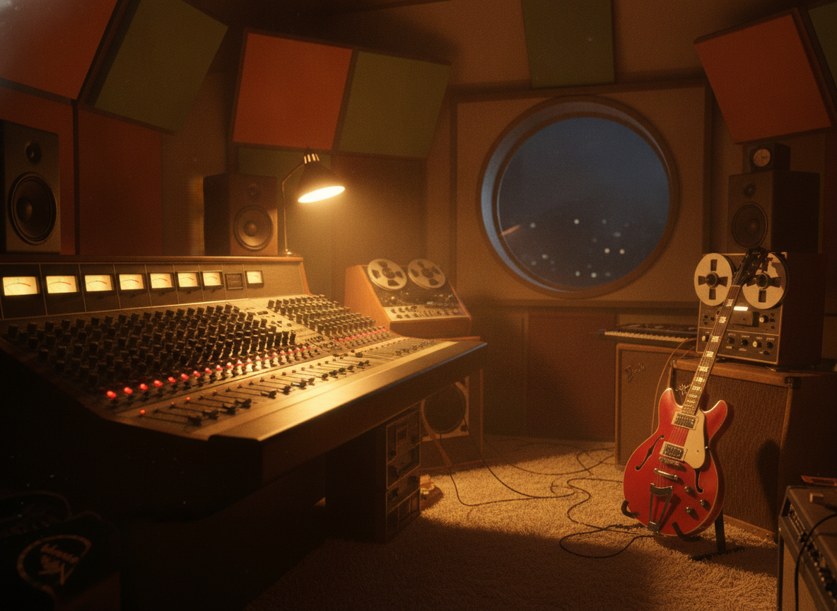 A vintage 1970s recording studio with a warm gold-lit mixing console and a hollow-body electric guitar resting nearby