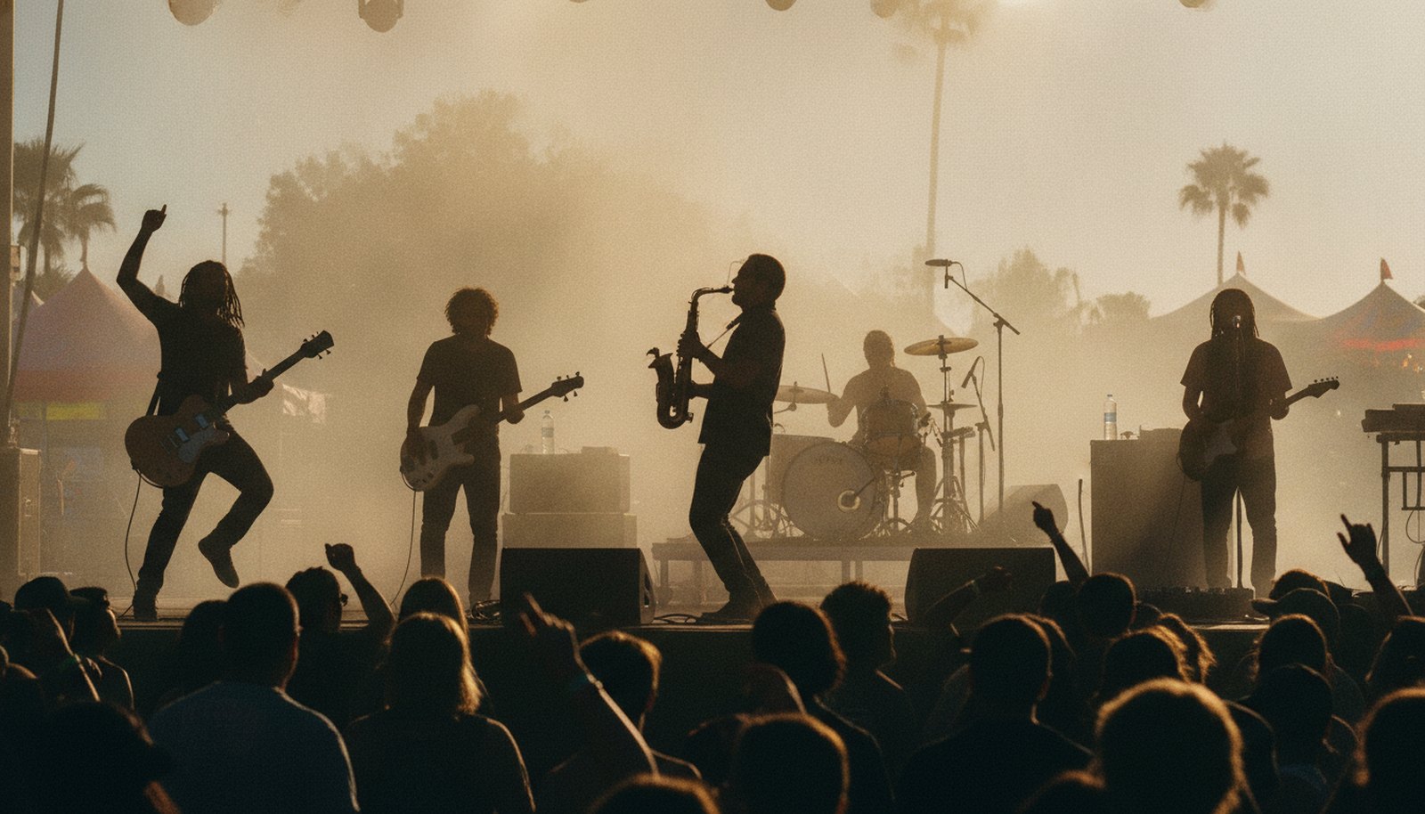 A five-piece reggae-rock band with a saxophone player in silhouette on a sunny festival stage