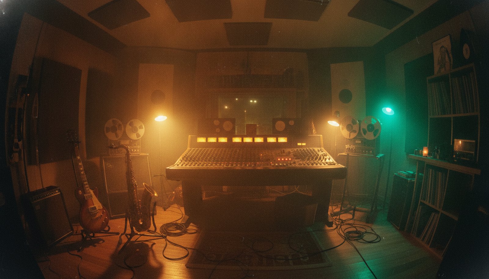 A warm dub-reggae recording studio at night, mixing console with glowing meters, guitar and saxophone on stands