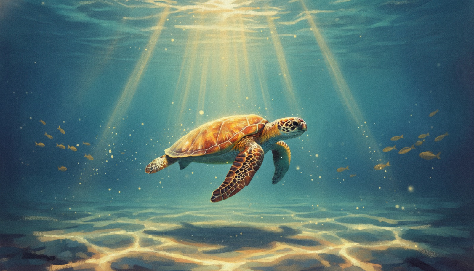 A single sea turtle gliding through sunlit teal ocean water with rays of light filtering down