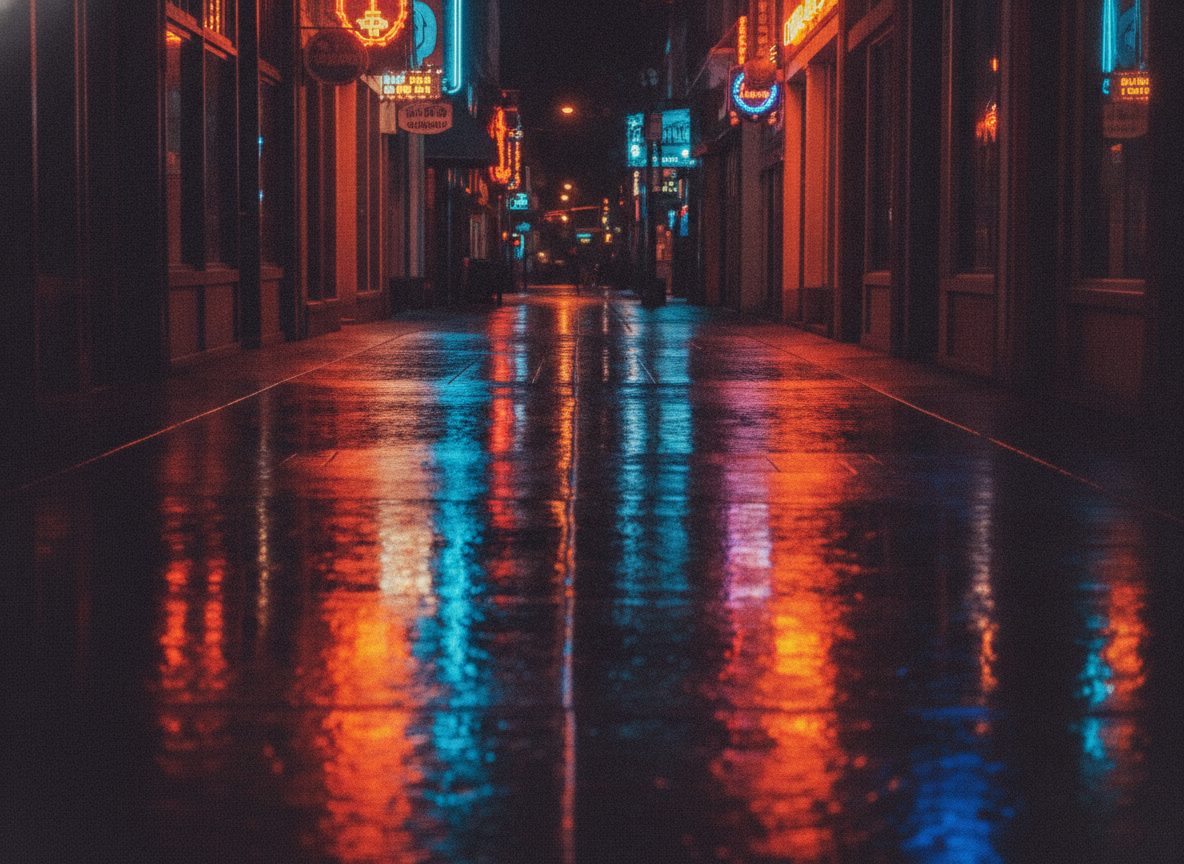 A neon-lit honky-tonk strip at night, glowing signs and empty sidewalk shimmering with color