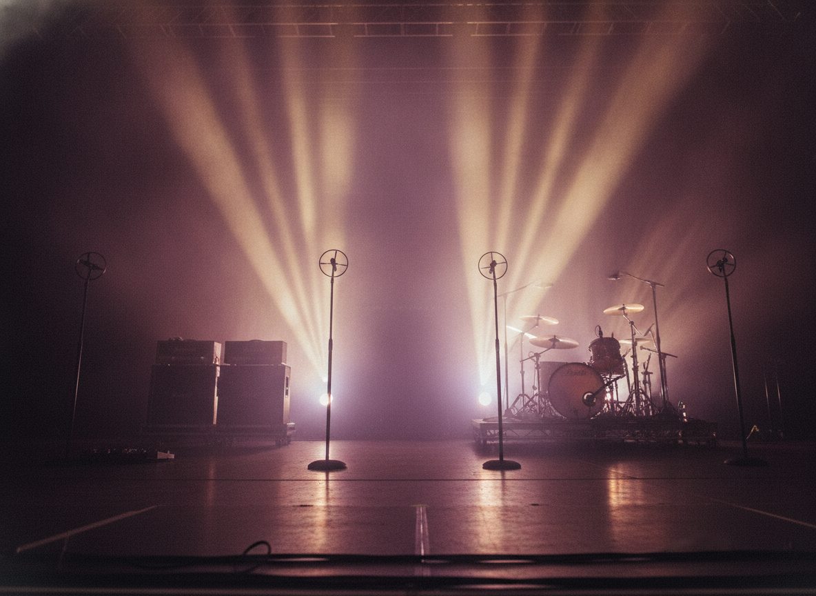 A hazy concert stage awash in purple and gold light, empty microphone stands and amplifiers glowing in the smoke