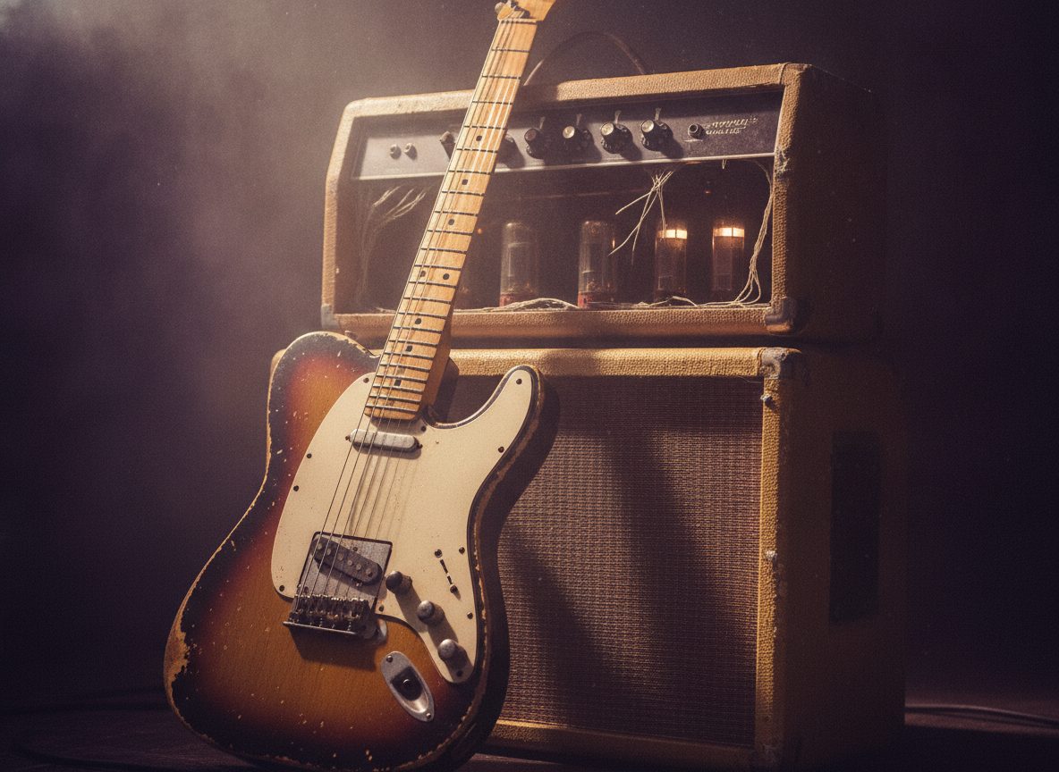 A worn electric Telecaster-style guitar leaning against an amp under warm purple and gold stage light